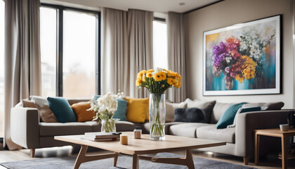 Modern living room interior with comfortable sofa, wooden table, and stylish decor