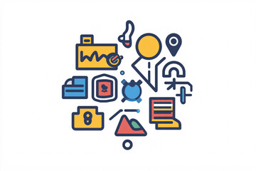 Collection of colorful icons symbolizing tools navigation and functions with a modern and minimalistic design style  
