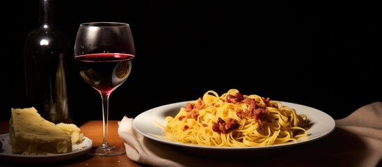 Classic carbonara pasta with red wine served elegantly on a rustic table with cheese, perfect for Italian dining or culinary themes.