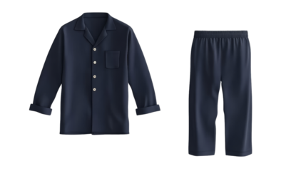 A matching set of navy blue pajamas featuring a button-up shirt with a pocket and comfortable elastic-waist pants.
