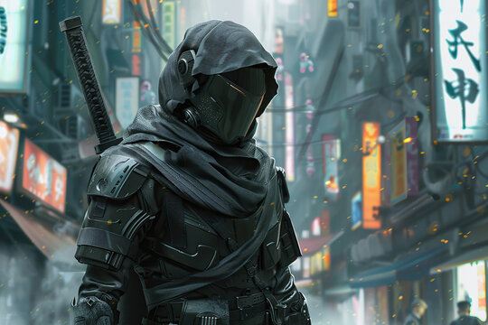 Japanese ninja warrior dressed in samurai clothes holding sharp sword