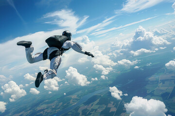 Parachutist with parachute makes heavenly adventure against on landscape