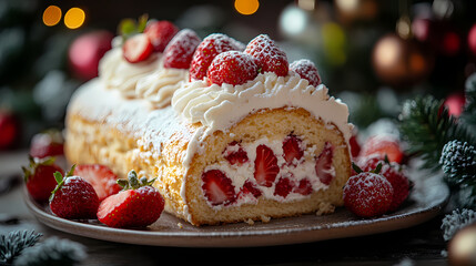 Strawberry cream roulade on a cake plate, fresh strawberries and whipped cream around, cheerful christmas kitchen vibe
