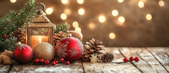 Cozy holiday decorations with festive ornaments lantern pinecones and warm light for seasonal celebration ambiance