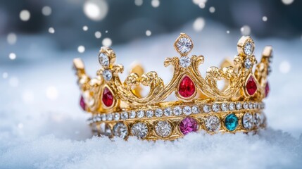 Fototapeta premium A golden crown adorned with jewels resting on a snowy surface, evoking royalty and elegance.