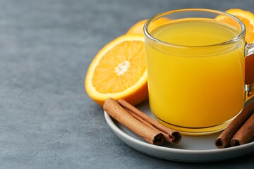 Fototapeta premium A glass of orange juice sits on a plate alongside fresh orange slices and cinnamon sticks, creating a vibrant and warm beverage presentation.