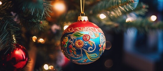 Obraz premium Christmas tree ornament in focus with colorful designs and warm holiday lights creating a festive atmosphere for the winter season celebration