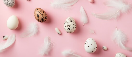 Easter themed composition with quail eggs and white feathers on a soft pink background for festive decor and seasonal celebrations.