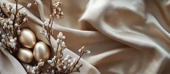 Elegant Easter decorations with golden eggs and delicate flora on soft fabric background, featuring space for personalized text.