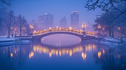 Fototapeta premium Winter Wonderland City Bridge River Reflection Christmas Lights