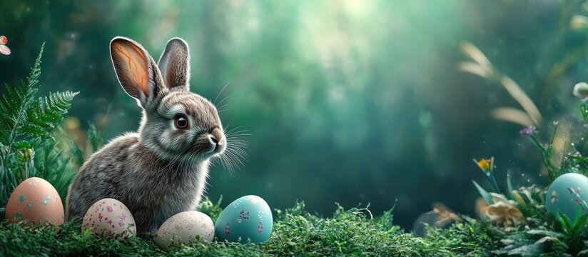 Gray rabbit surrounded by colorful Easter eggs on lush green grass with a serene nature backdrop in springtime setting. - Powered by Adobe