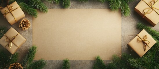 Empty kraft paper surrounded by fir tree branches and elegantly wrapped gift boxes on a textured surface for festive seasonal imagery.