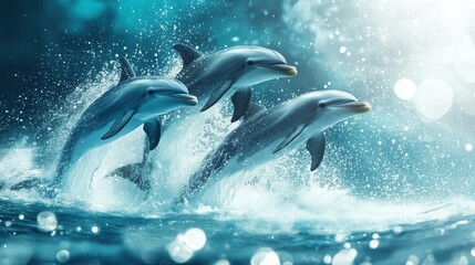 Fototapeta premium Three dolphins leaping out of ocean with dramatic water splash effects. Dynamic action shot of marine mammals jumping in synchronization against turquoise water backdrop. 8k