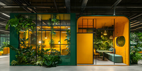 Vibrant Office Pods with Lush Greenery