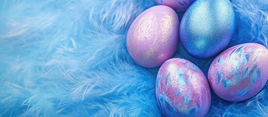 Stylish Easter eggs in blue and purple foil on a trendy pastel background showcasing vibrant colors and creative design elements