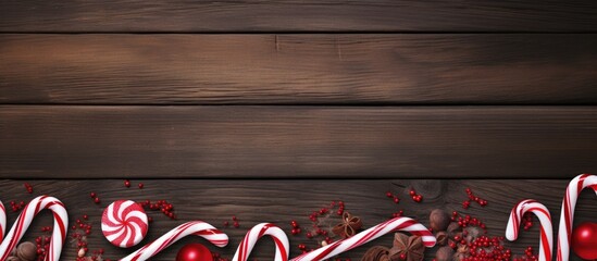 Christmas candy cane border on rustic wood background with space for custom text and holiday decorations for seasonal advertising.