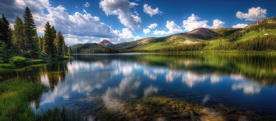 Fototapeta premium Serene lake landscape reflecting clouds and mountains surrounded by lush greenery and tall trees under a clear blue sky.