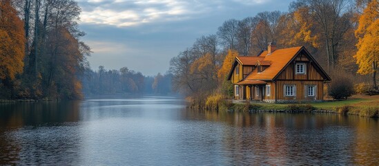 Fototapeta premium Scenic riverside house surrounded by autumn trees under a tranquil blue sky reflecting on calm waters