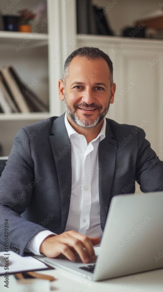 Poster a man in a suit is sitting at a desk with a laptop in front of him