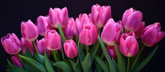 Obraz premium Vibrant pink and purple tulips bouquet perfect for greeting cards and floral decorations in any celebration or special occasion