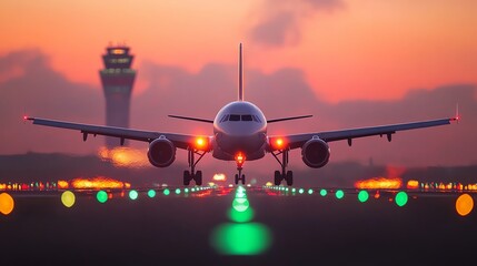 Airplane taking off on runway at airport during sunset dynamic scene clear skies focused perspective travel vibes