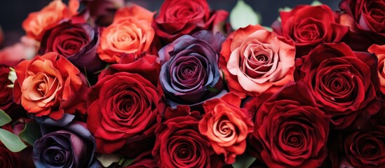 Naklejka premium Festive close-up of a vibrant rose bouquet showcasing rich colors and lush textures for celebrations and special occasions.