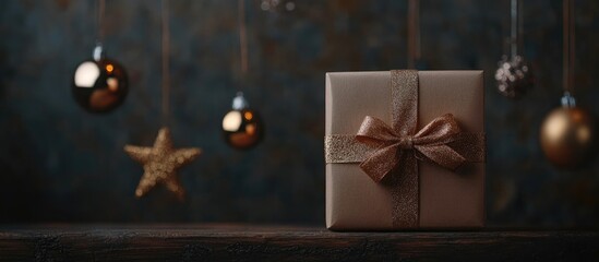 Elegant gift box with golden ribbon on rustic wooden table surrounded by decorative ornaments and blurred festive background for celebrations