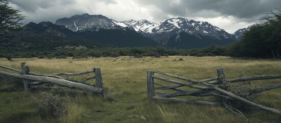Scenic mountain landscape with rustic wooden fence and logs on grassy field under dramatic cloudy sky