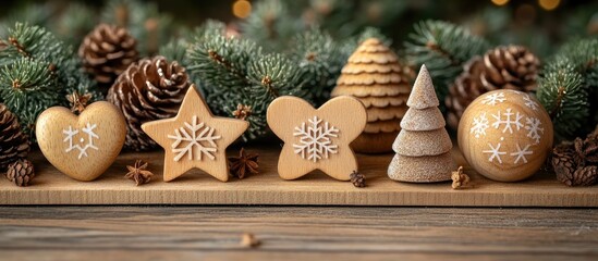 Wooden Christmas decorations including stars, hearts, trees, and cones arranged on a rustic wooden surface with festive greenery