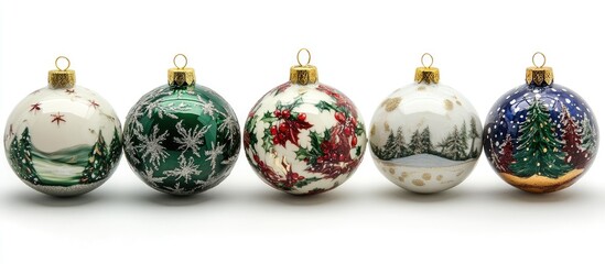 Festive decorative Christmas ornaments with intricate winter scenes and vibrant colors arranged in a charming display for the holiday season