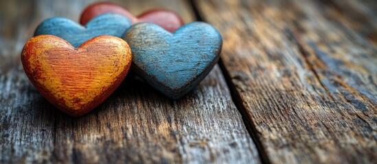 Obraz premium Colorful heart shaped decorations on rustic wooden table background with ample space for romantic or heartfelt text and messages