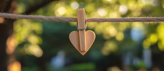 Heart-shaped clothespin hanging on a rope symbolizing love and appreciation against a serene natural background.