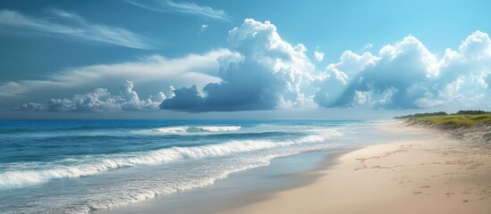 Obraz premium Serene coastal landscape with vivid clouds and gentle waves embodying tranquility and the beauty of nature's peaceful moments