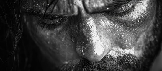 Intense close-up of a man weeping passionately with emotional expression and dramatic lighting in black and white