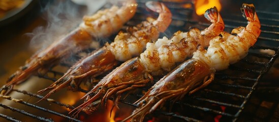 Grilled Large Prawns on the Barbecue with Smoky Flames and Delicious Charred Texture