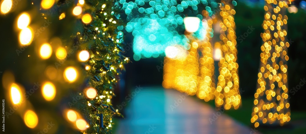 Poster luminous bokeh lights in vibrant hues creating an enchanting atmosphere on a blurred green pathway