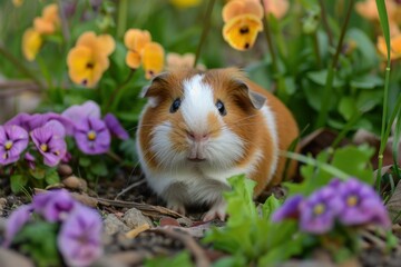 Fototapeta premium Cute guinea pig enjoying a peaceful moment surrounded by vibrant pansies in a blooming garden