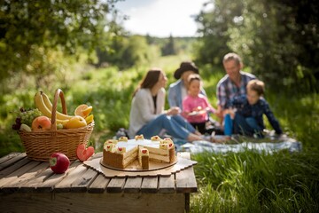 Nusstorte.Family picnic with homemade cake and drinks in a sunny meadow