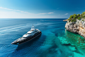 Luxury private big motor yacht in tropical sea with blue wave
