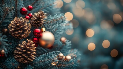 Obraz premium Christmas background with fir branches pine cones and lights on a bokeh background. Place for text. Copy space. Greeting card.