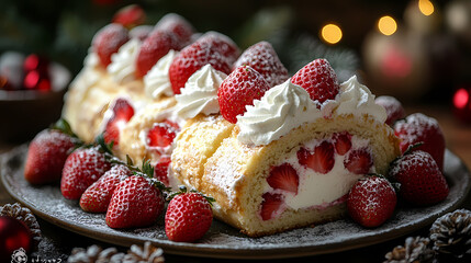 Strawberry cream roulade on a cake plate, fresh strawberries and whipped cream around, cheerful christmas kitchen vibe