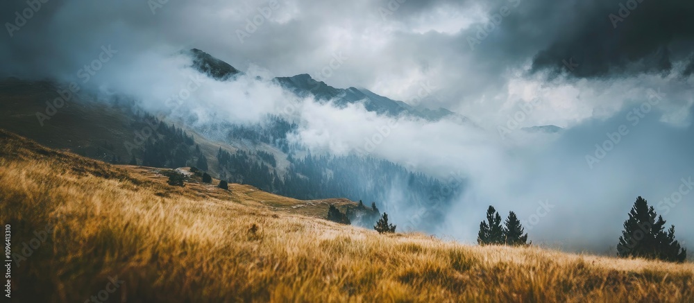Poster dramatic cloudy landscape with misty mountains and golden grassland under a moody sky creating a ser