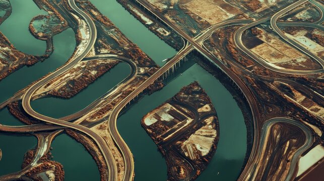 A bird&rsquo;s-eye view of a maze-like bridge network, over a winding delta 