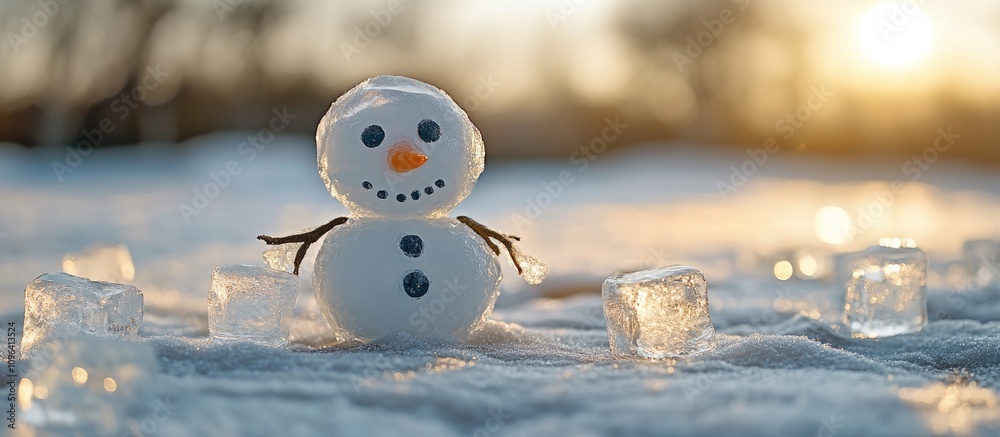 Aufkleber snowman surrounded by ice cubes with vibrant bokeh background capturing a serene winter scene and ma