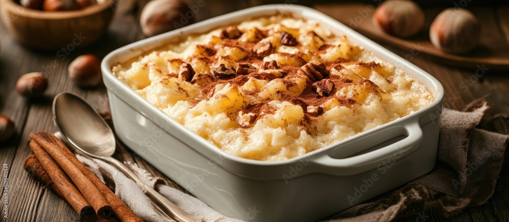 Aufkleber creamy baked rice pudding with cinnamon sticks and hazelnuts served in a rustic casserole on a woode