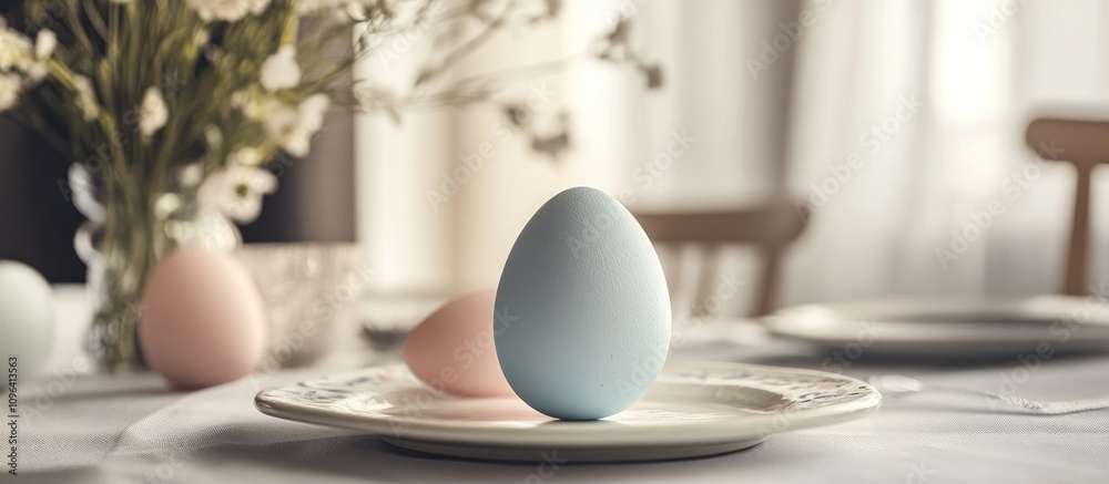Aufkleber pastel colored easter egg elegantly displayed on a festive table setting with soft floral background