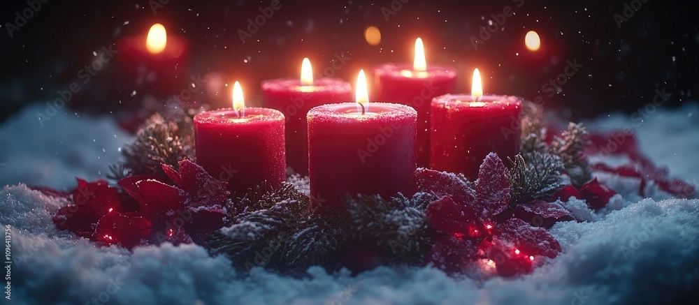 Poster advent wreath with red candles glowing warmly in a snowy setting creating a festive holiday atmosphe