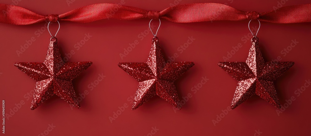 Aufkleber glittery red star ornaments hanging from a red ribbon on a vibrant red background for festive tree d