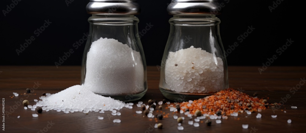 Poster glass jars of salt and pepper flakes on a wooden table with scattered grains creating a rustic culin