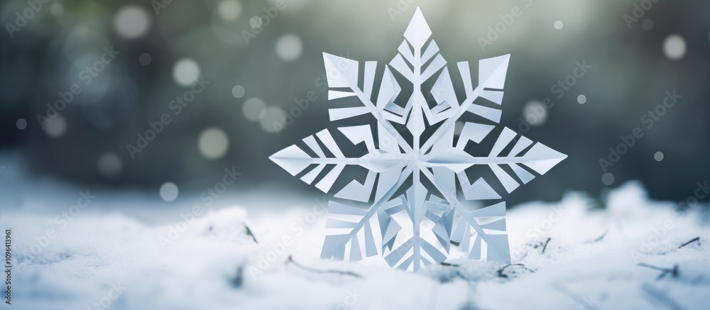 Poster Delicate paper snowflake on snowy ground with a soft blurred winter background creating a serene and festive atmosphere.